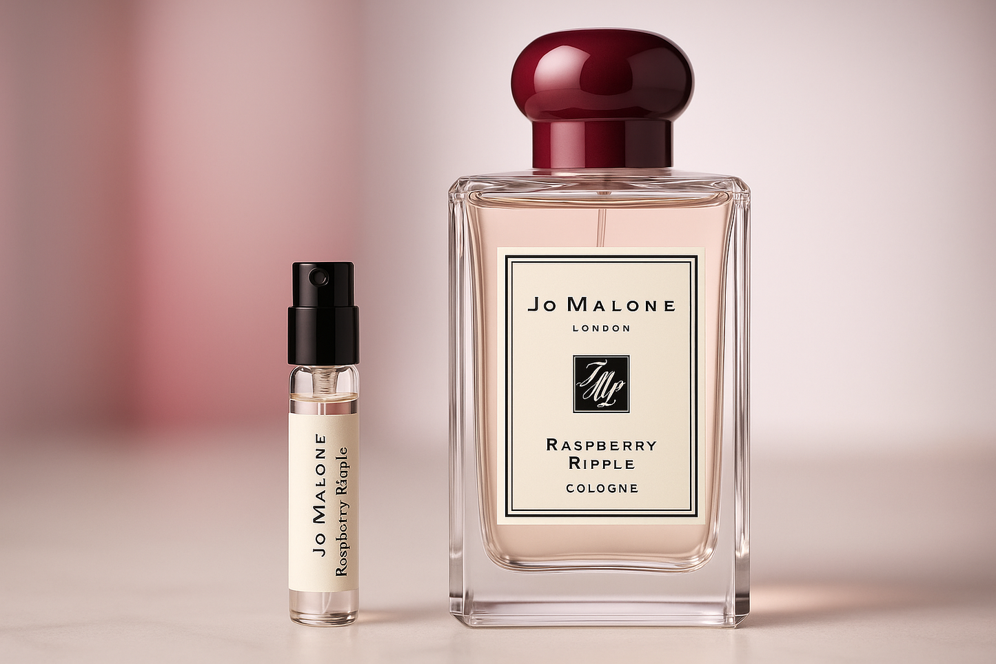 Parfümproben von Jo Malone Raspberry Ripple Cologne, 1-ml-Parfümprobe neben einem 100-ml-Parfümfläschchen von Jo Malone Raspberry Ripple Cologne