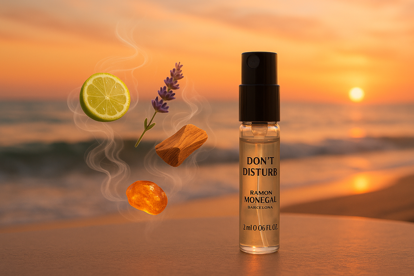 Offizielle Parfümprobe „Don‘t disturb“ von Ramon Monegal, 2 ml, 0,06 fl.oz. Parfümtester, Parfümprobe umgeben von Duftnoten von „Don‘t disturb“ vor der Meeresküste bei Sonnenuntergang