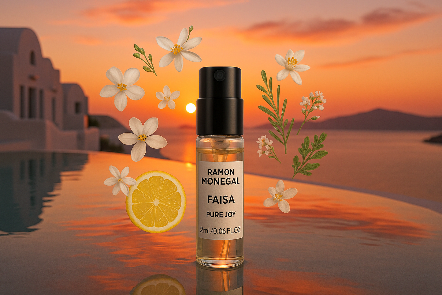 Offizielle Parfümprobe Faisa Pure Joy von Ramon Monegal, 2 ml, 0,06 fl.oz. Parfümtester, im Hintergrund Sonnenuntergang im Pool von Santorini, Probe umgeben von Duftnoten von Faisa Pure Joy