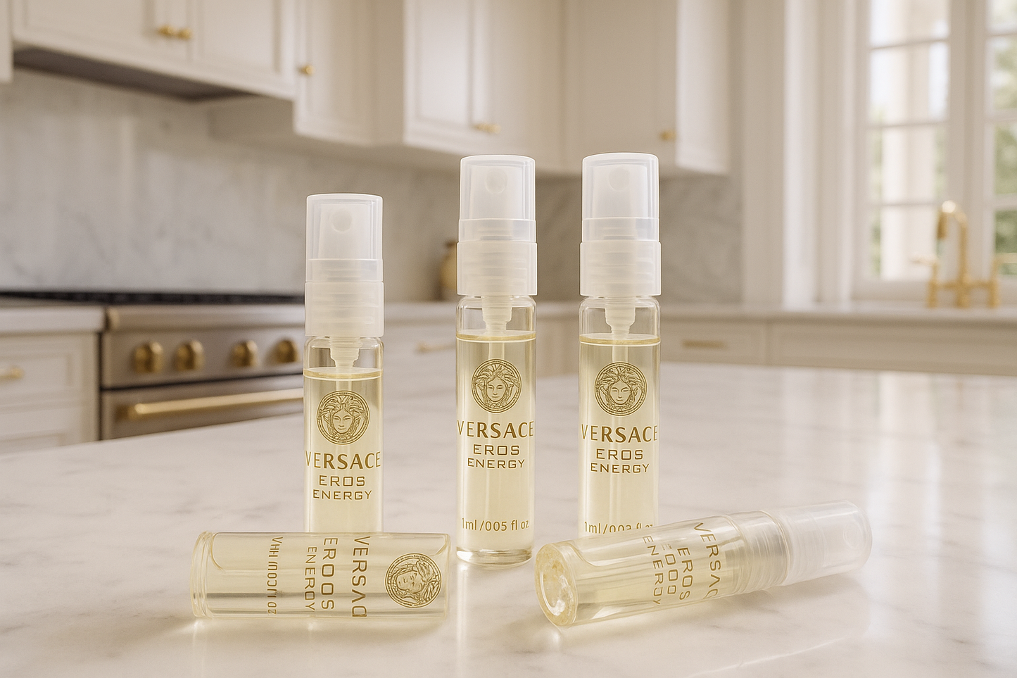 Parfümproben von Versace Eros Energy in einer superluxuriösen weißen Küche im italienischen Stil