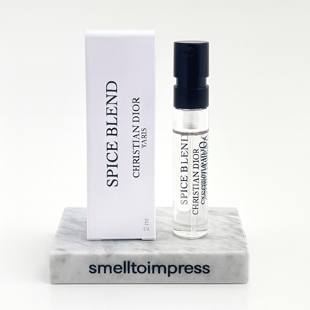 detail of CHRISTIAN DIOR SPICE BLEND (Unisex) EDP 1.2ML official perfume samples on smelltoimpress marble stand