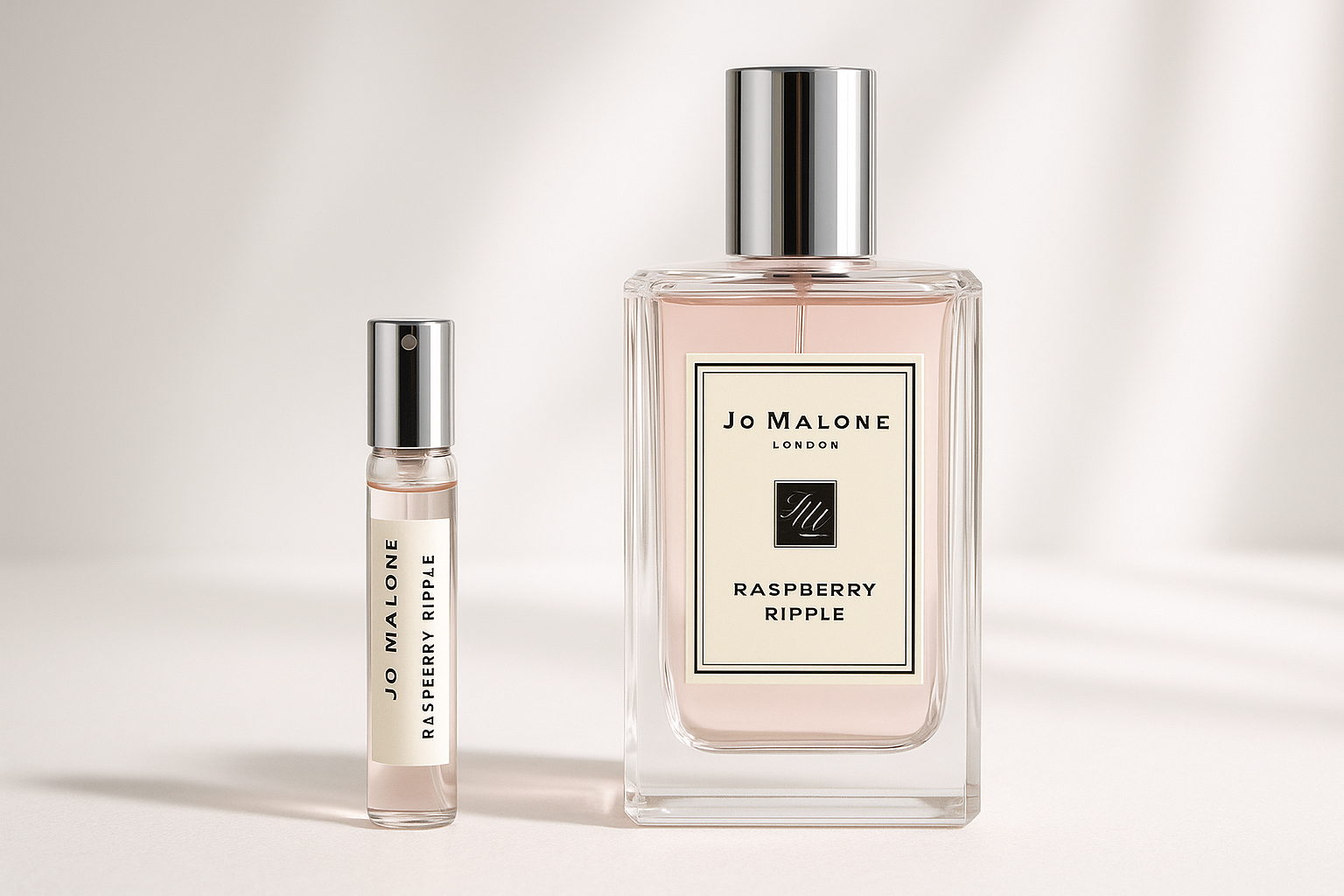 2-ml-Parfümprobe von Jo Malone Raspberry Ripple neben 100-ml-Parfümflasche von Jo Malone Raspberry Ripple