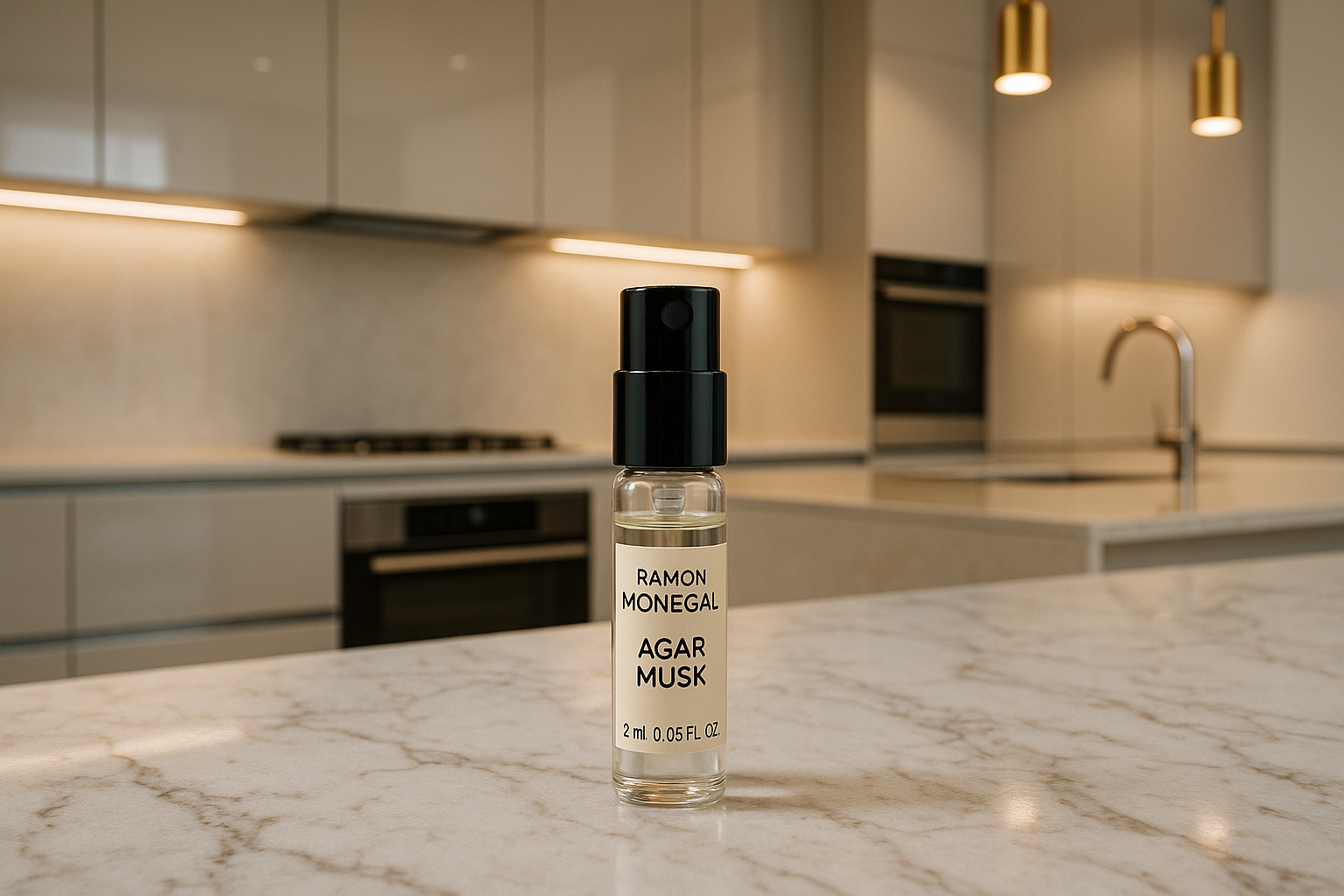 Ramon Monegal Agar Musk official perfume sample 2ml 0.06 fl.o.z. perfume tester, in luxury italian design kitchen