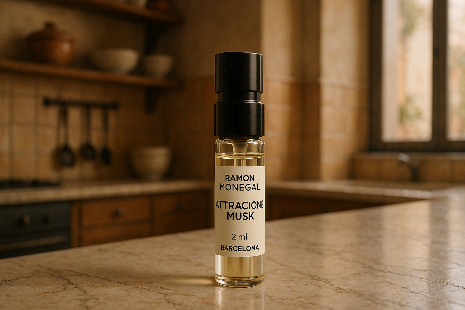 Ramon Monegal Atractone Musk official perfume sample 2ml 0.06 fl.o.z. perfume tester, Italian style while shade kitchen