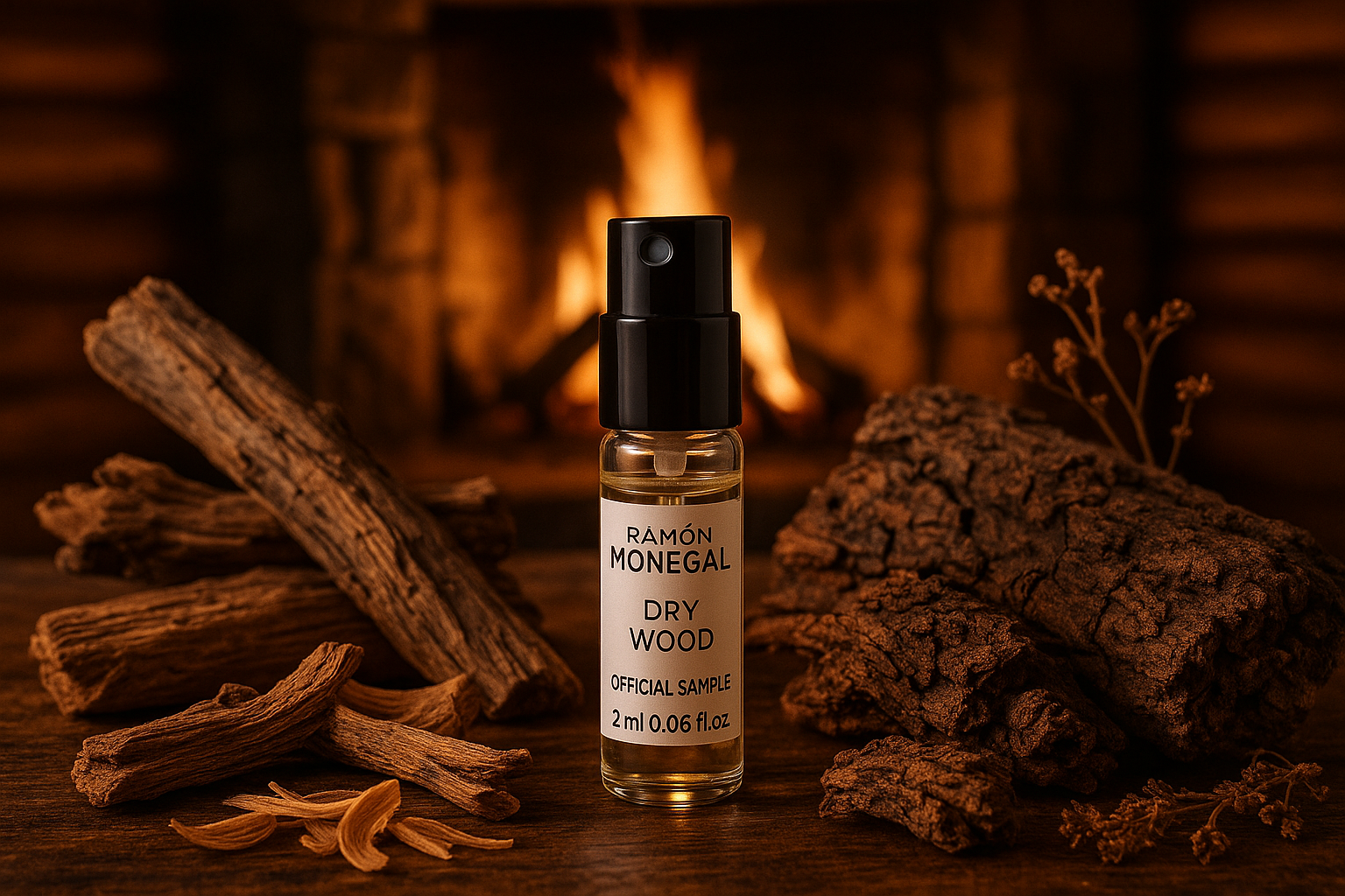 Ramon Monegal Dry Wood official perfume sample 2ml 0.06 fl.o.z. perfume tester, in the background open fire in the mountain cottage, sample surrounded by Dry Wood fragrance notes
