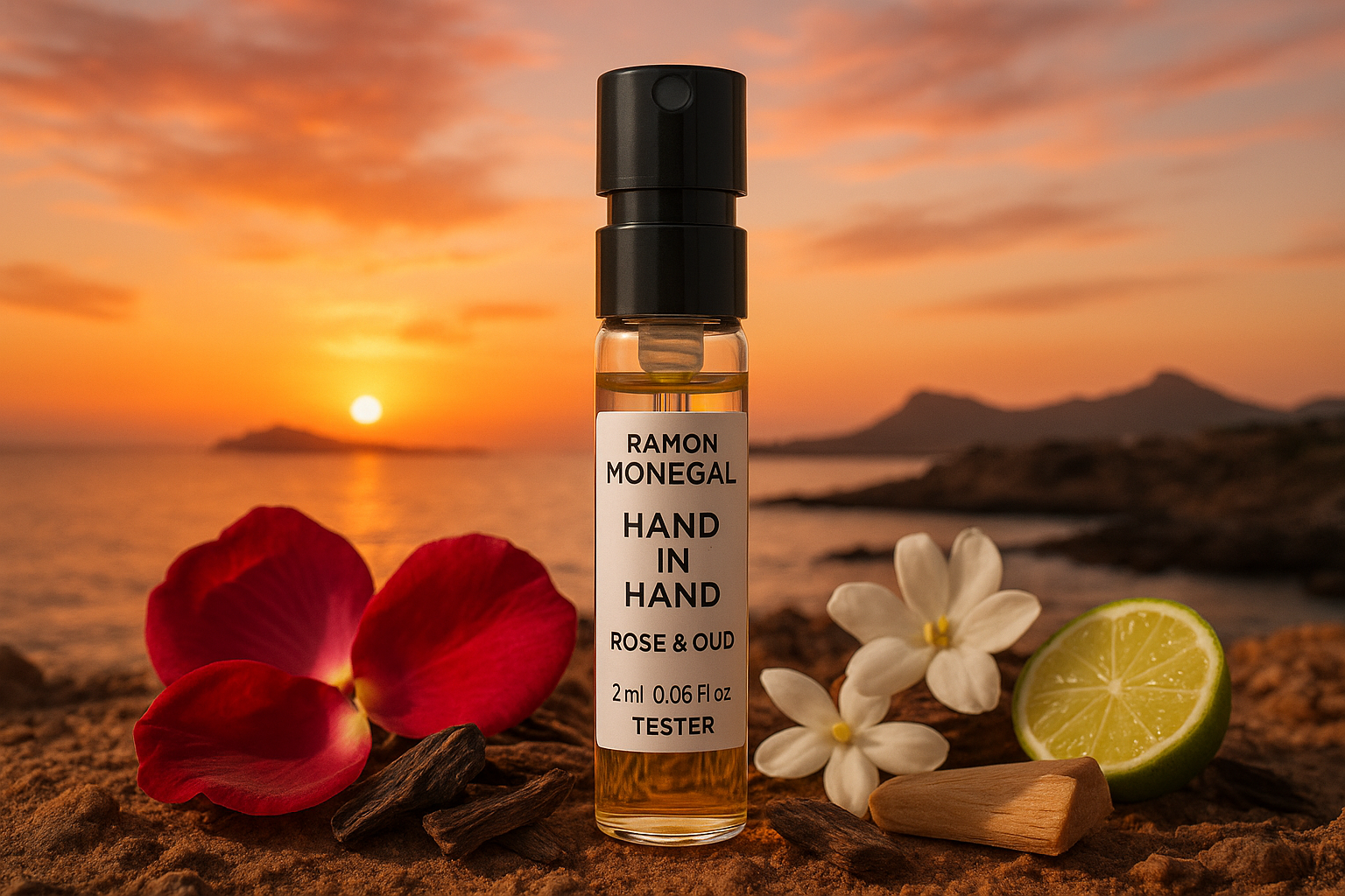 Ramon Monegal Hand in Hand Rose & Oud official perfume sample 2ml 0.06 fl.o.z. perfume tester, in the background sunset in Isla Plana Spain, sample is surrounded by Hand in Hand Rose & Oud fragrance notes