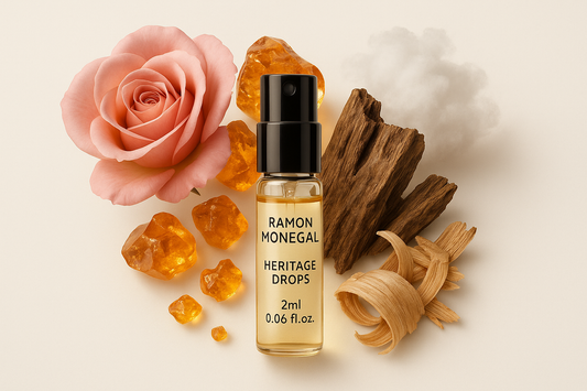 Ramon Monegal Heritage Drops official perfume sample 2ml 0.06 fl.o.z. perfume tester sample bottle surrounded by Heritage Drops fragrance notes